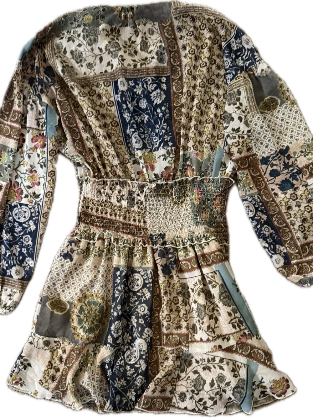 Zara Patchwork Floral Smocked Waist Dress in Blue, Cream & Brown - Picture 2 of 7